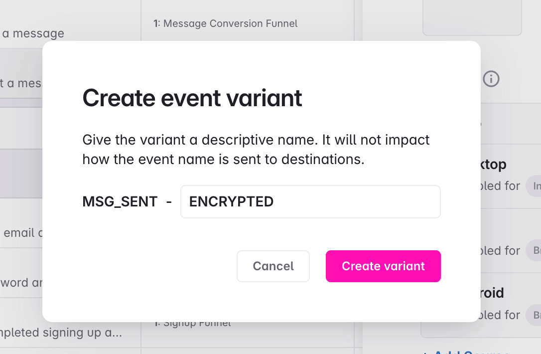 Screenshot of the event variant creation modal