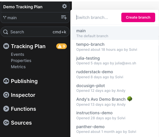 Create a new branch from the navigation bar