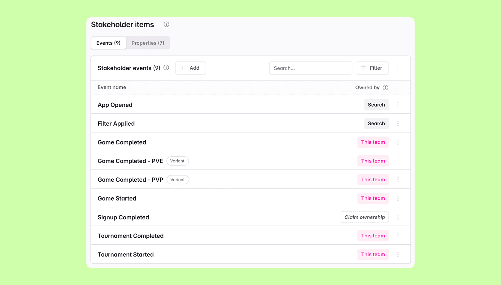 Screenshot of a modal to add events to a stakeholder team